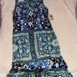 One World NWT Boho Maxi Dress 3X Blue Teal Mosaic Crochet Neck
